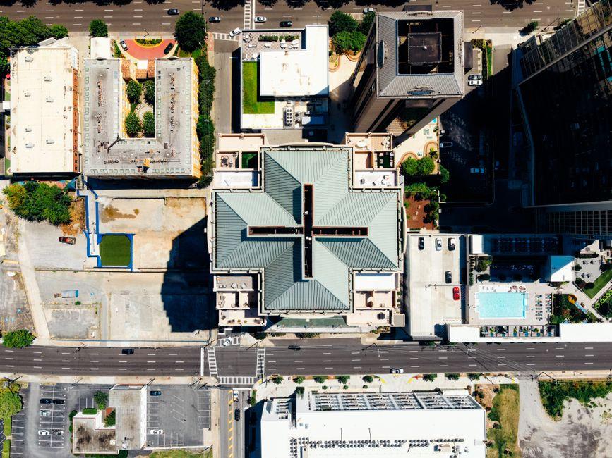 Aerial Photography of Road Between Buildings